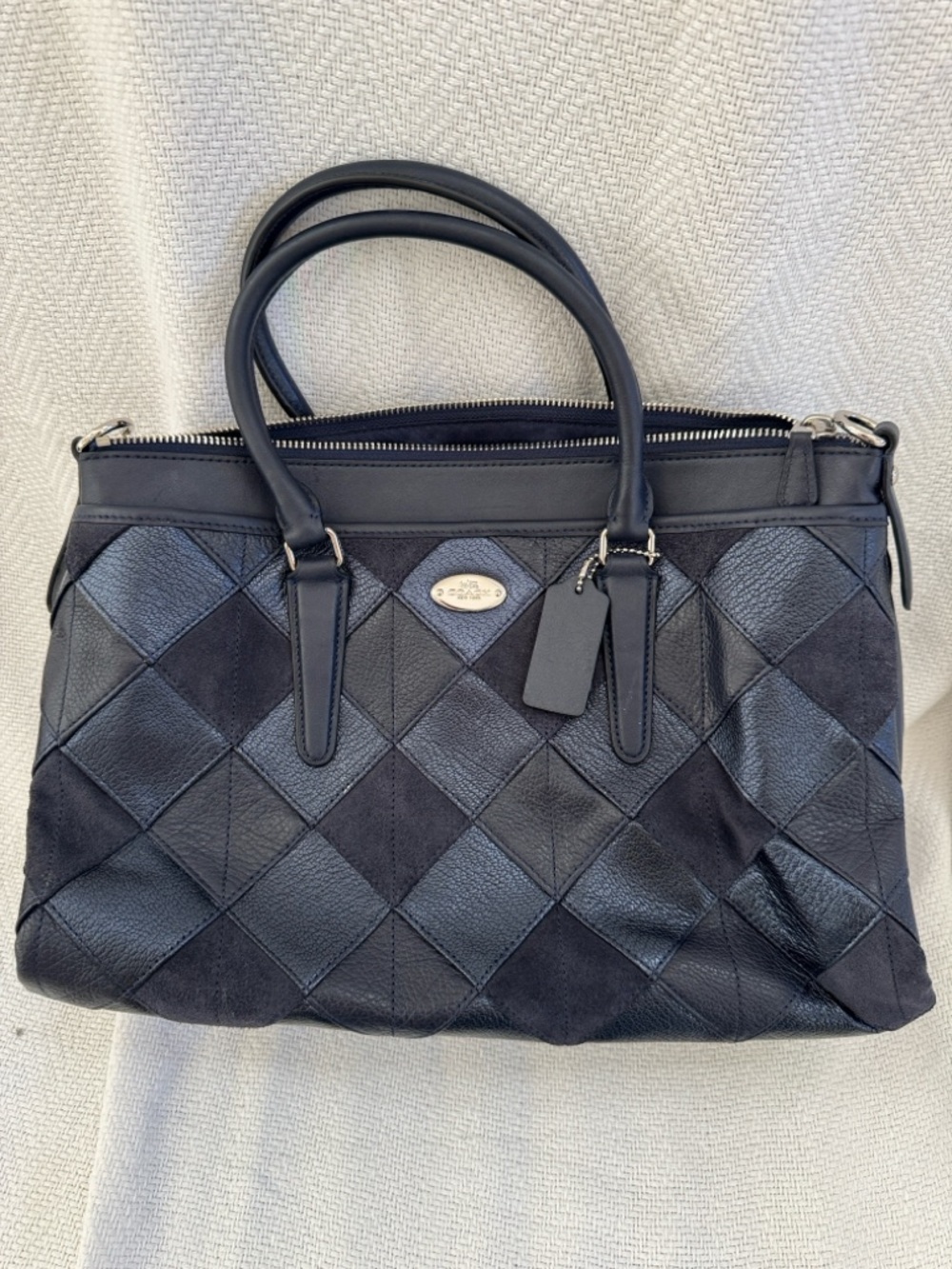 1980s Coach Quilted Leather/seude Patchwork Satchel Bag - Navy